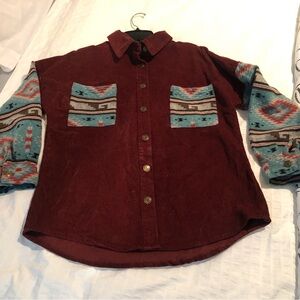 Women's Burgundy Button Down Shirt with Patterned Sleeves